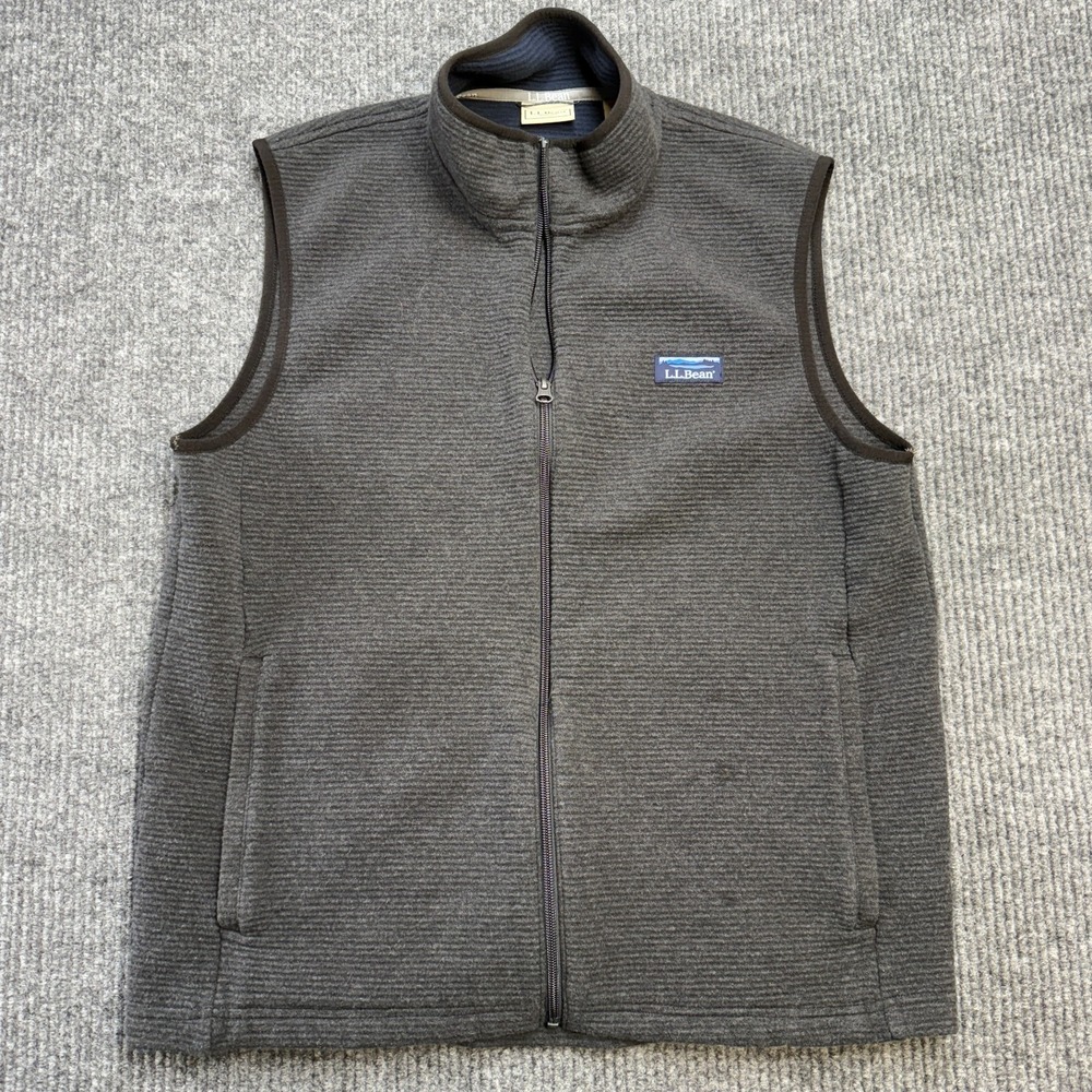 LL Bean Vest Men Medium Gray Lakewashed Double Knit Ribbed Zip Up Sweater Casual